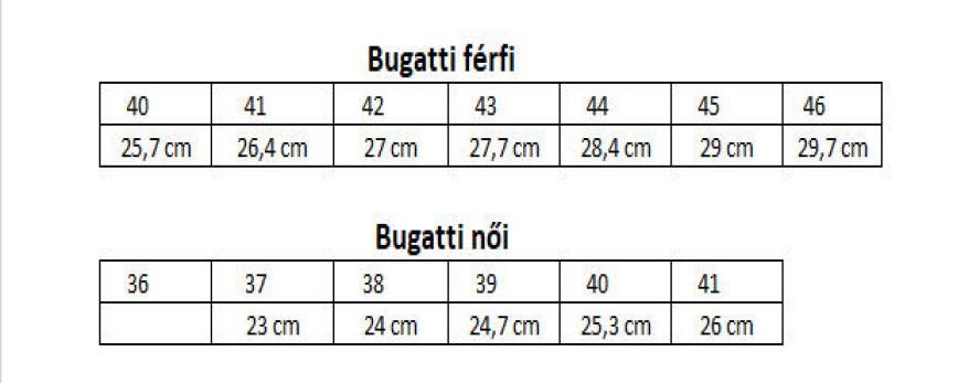 Bugatti férfi bakancs mérettáblázat